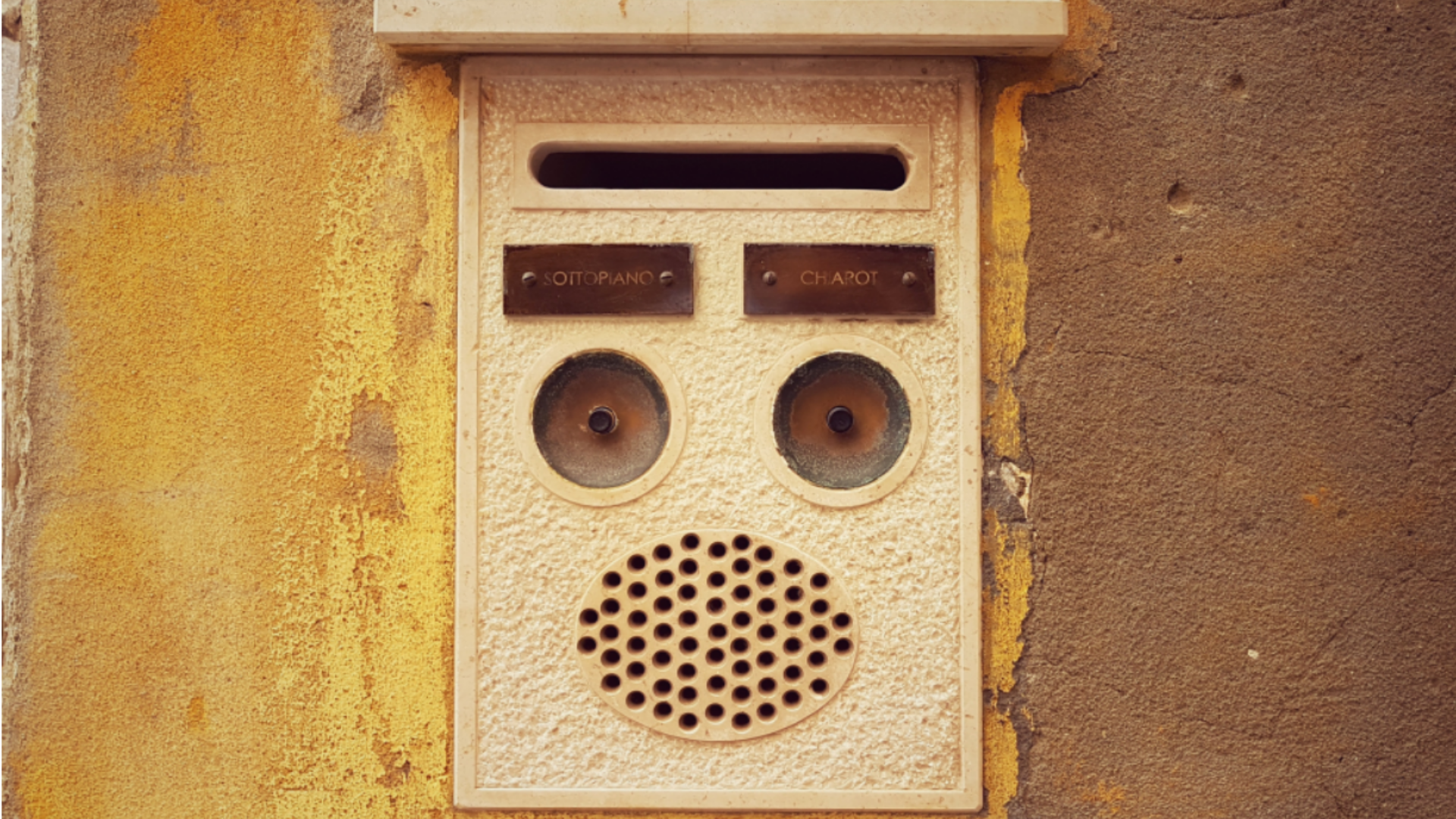 A combined letterbox and intercom where the features resemble a face
