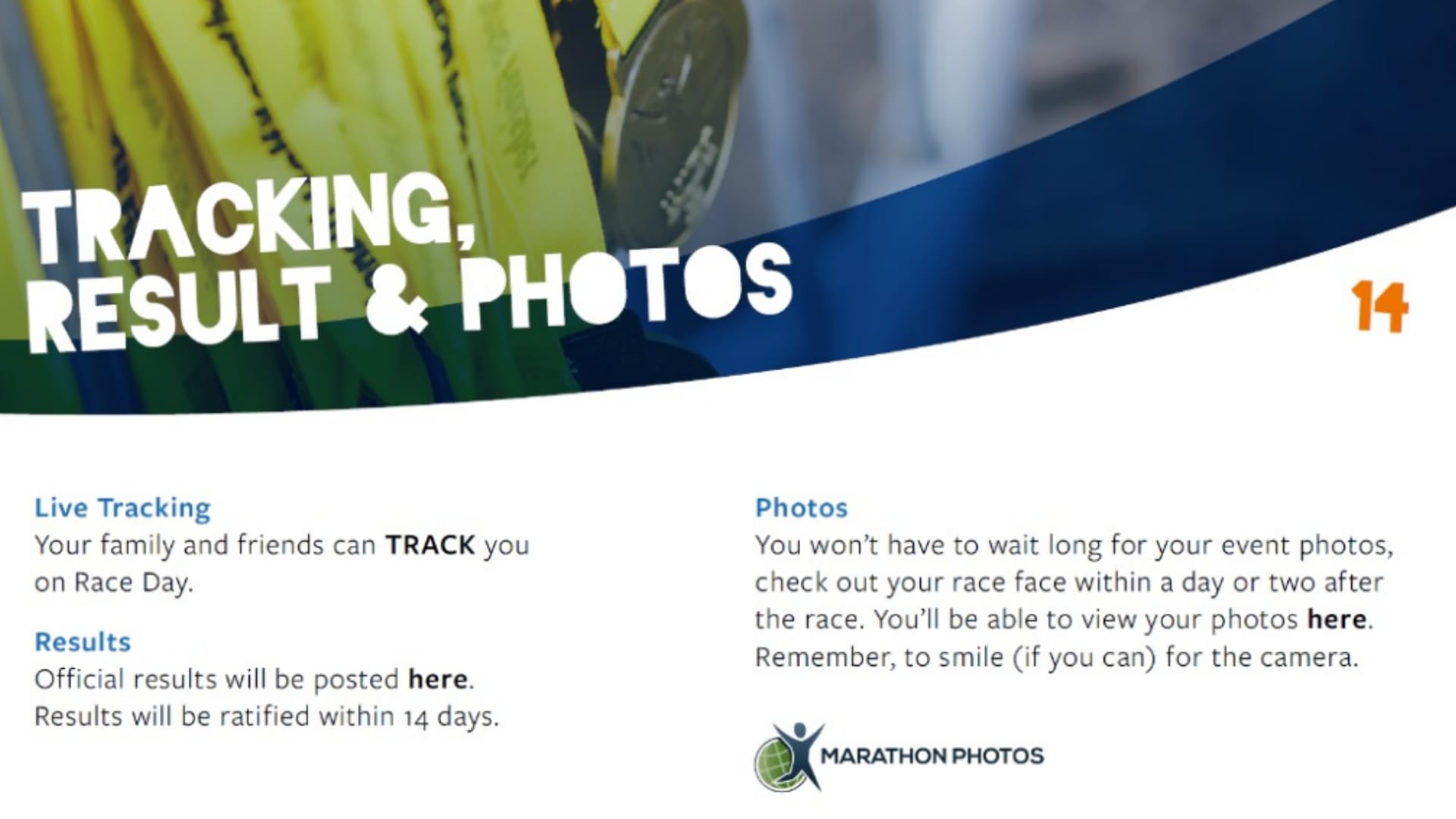 A page from the race day guide - tracking, results and photos